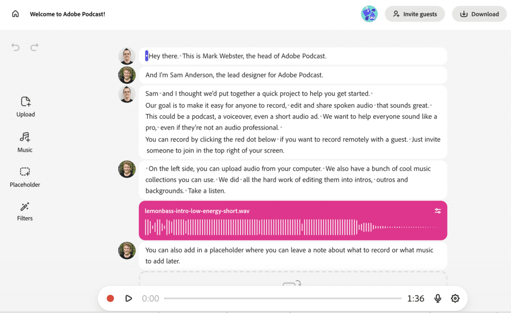 Screenshot of Adobe Podcast in action