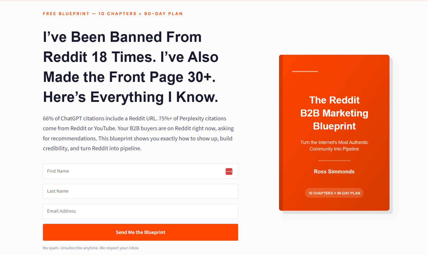 Landing page for “The Reddit B2B Marketing Blueprint,” featuring a headline about being banned from Reddit 18 times and reaching the front page 30+ times, with a form to request the free 10-chapter, 90-day blueprint.