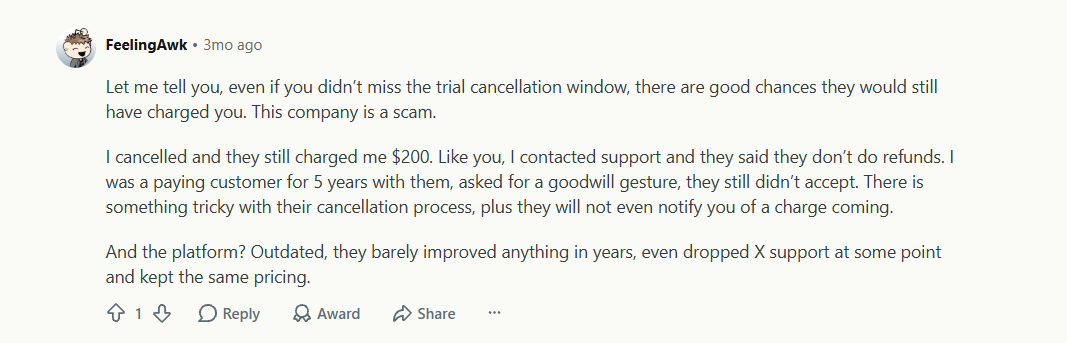 Screenshot of a Reddit comment criticizing Later Social for a disputed $200 charge after cancellation, its cancellation process, lack of refunds, and limited platform improvements.