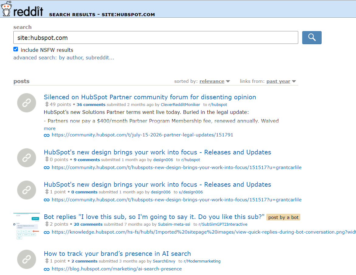 Reddit search results for “site:hubspot.com,” showing posts about HubSpot’s partner program, new design updates, bot replies, and tracking brand presence in AI search.