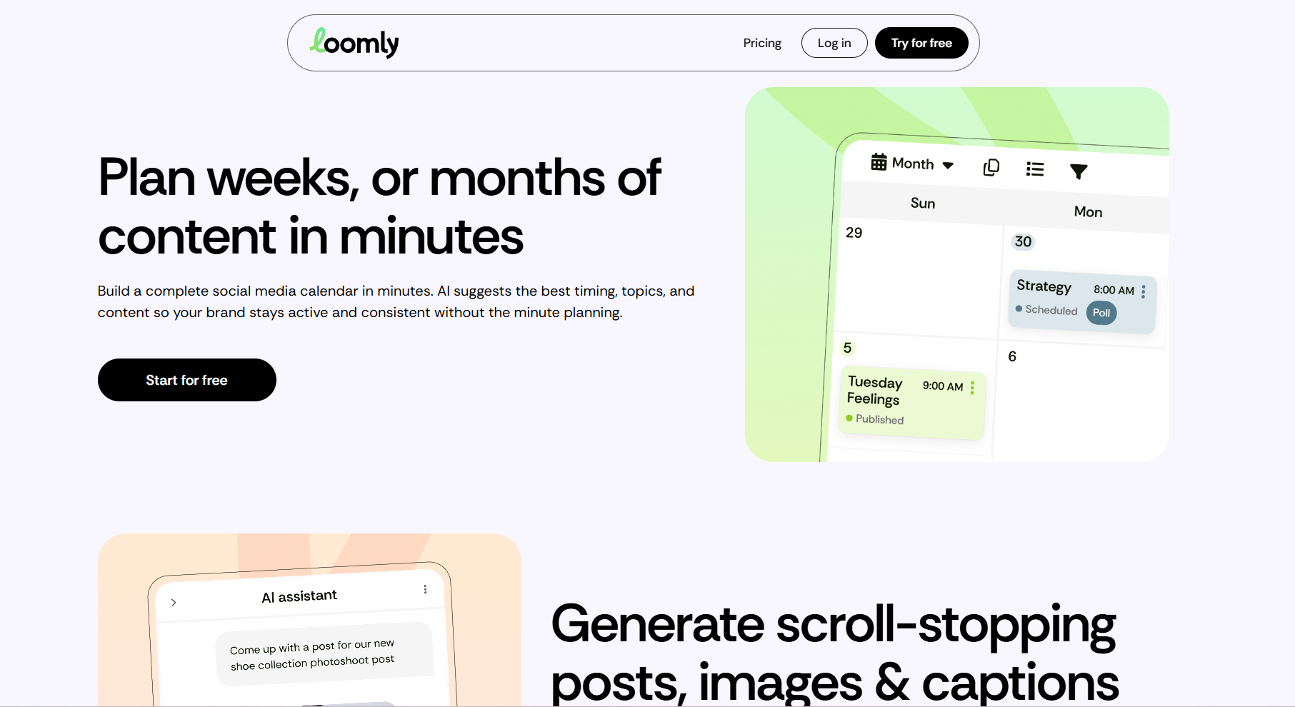 Loomly home page showcasing an AI-powered social media planning platform, with the headline “Plan weeks, or months of content in minutes” beside a visual content calendar displaying scheduled and published posts.