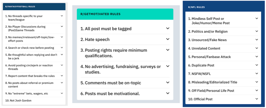 Screenshot showing subreddit rules for r/FantasyFootball, r/GetMotivated, and r/NFL, covering requirements and restrictions on posts, comments, advertising, hate speech, politics, misinformation, and other content.