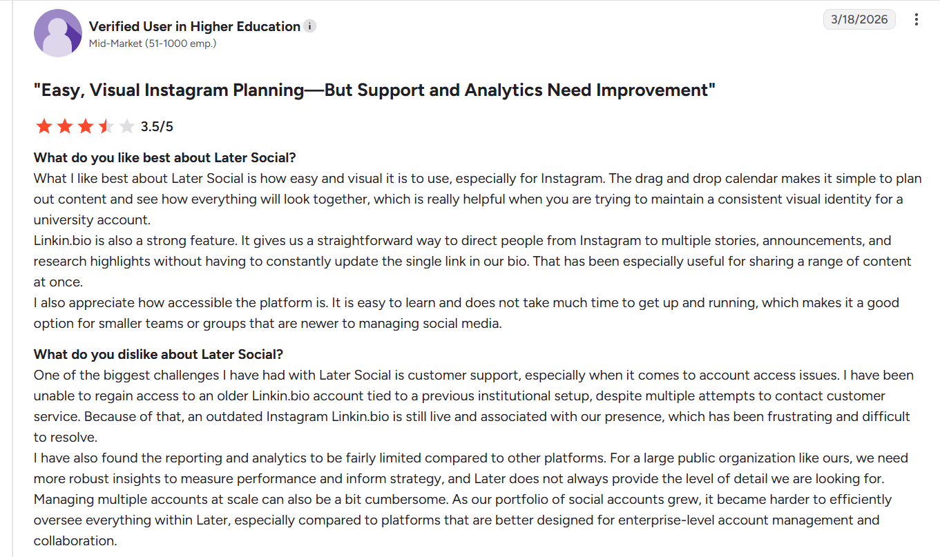 Screenshot of a 3.5/5 Later Social review praising its visual Instagram planning, drag-and-drop calendar, and Linkin.bio feature, while noting concerns about customer support, analytics, and managing multiple accounts.