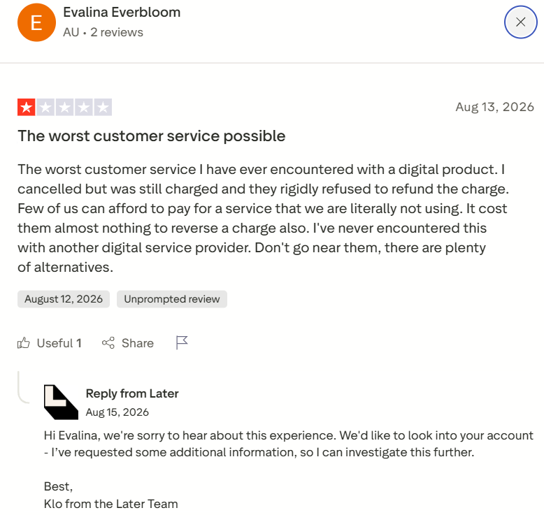 Screenshot of a one-star Later Social review criticizing customer service and a charge made after cancellation; the review includes a response from Later’s support team requesting account information to investigate.
