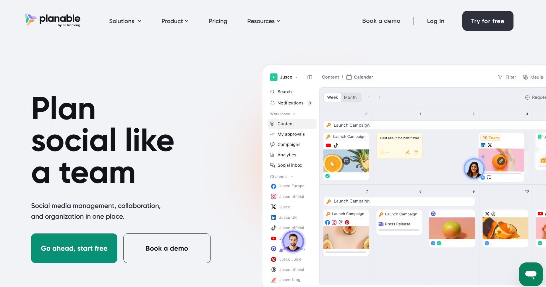 Planable homepage showing a social media management dashboard with a content calendar, campaign posts, team collaboration tools, and the headline “Plan social like a team.”