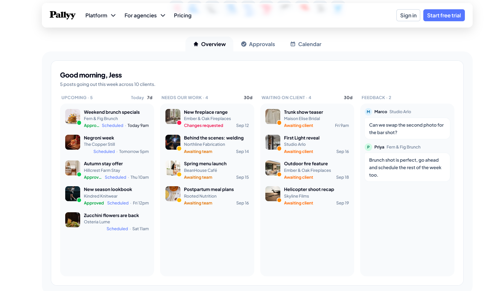 Pallyy dashboard showing a social media workflow overview with upcoming posts, tasks needing teamwork, posts awaiting client approval, and client feedback.