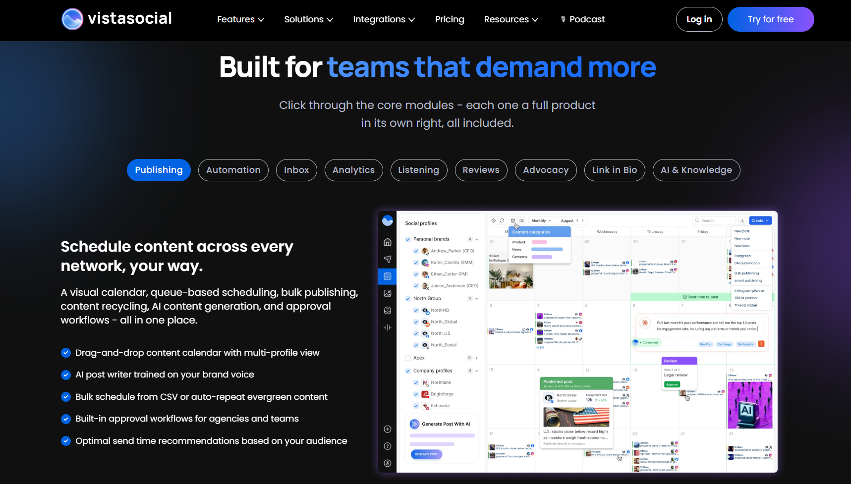 Vista Social interface highlighting its publishing tools, with a multi-profile content calendar for scheduling social posts alongside options for automation, analytics, listening, reviews, advocacy, and AI content generation.