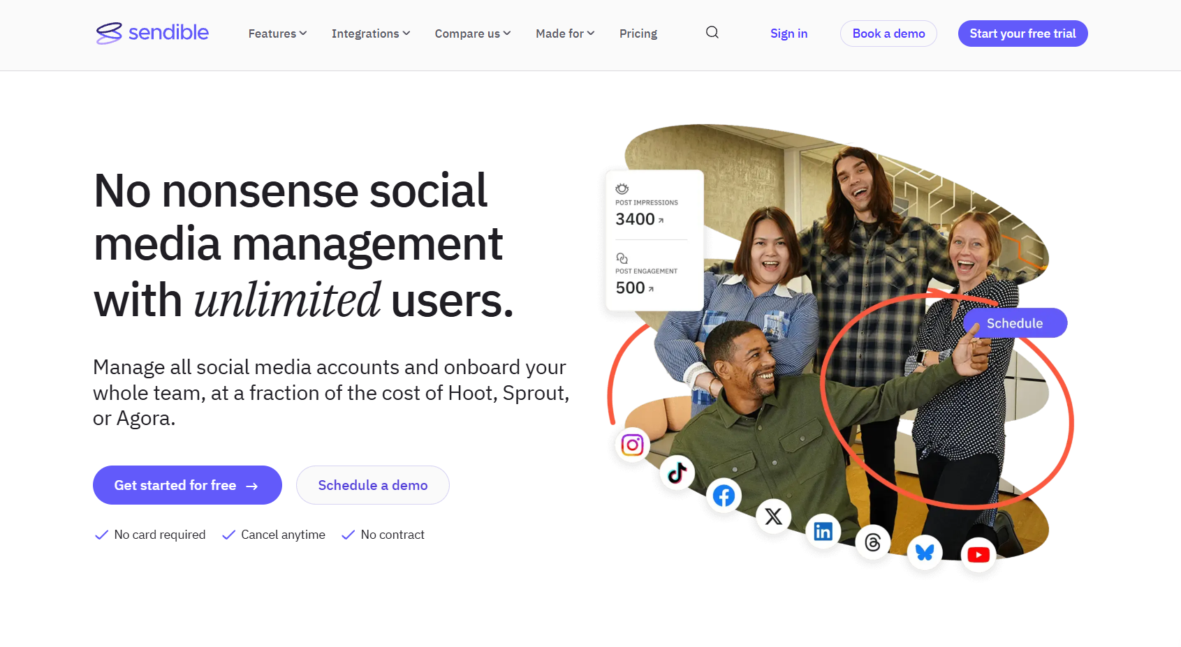 Sendible homepage promoting social media management for unlimited users, featuring a team photo, social platform icons, scheduling controls, and post performance metrics.